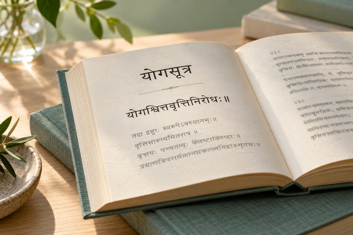 Illustratives Buchmotiv der Yoga-Sutras mit Sanskrit-Schrift