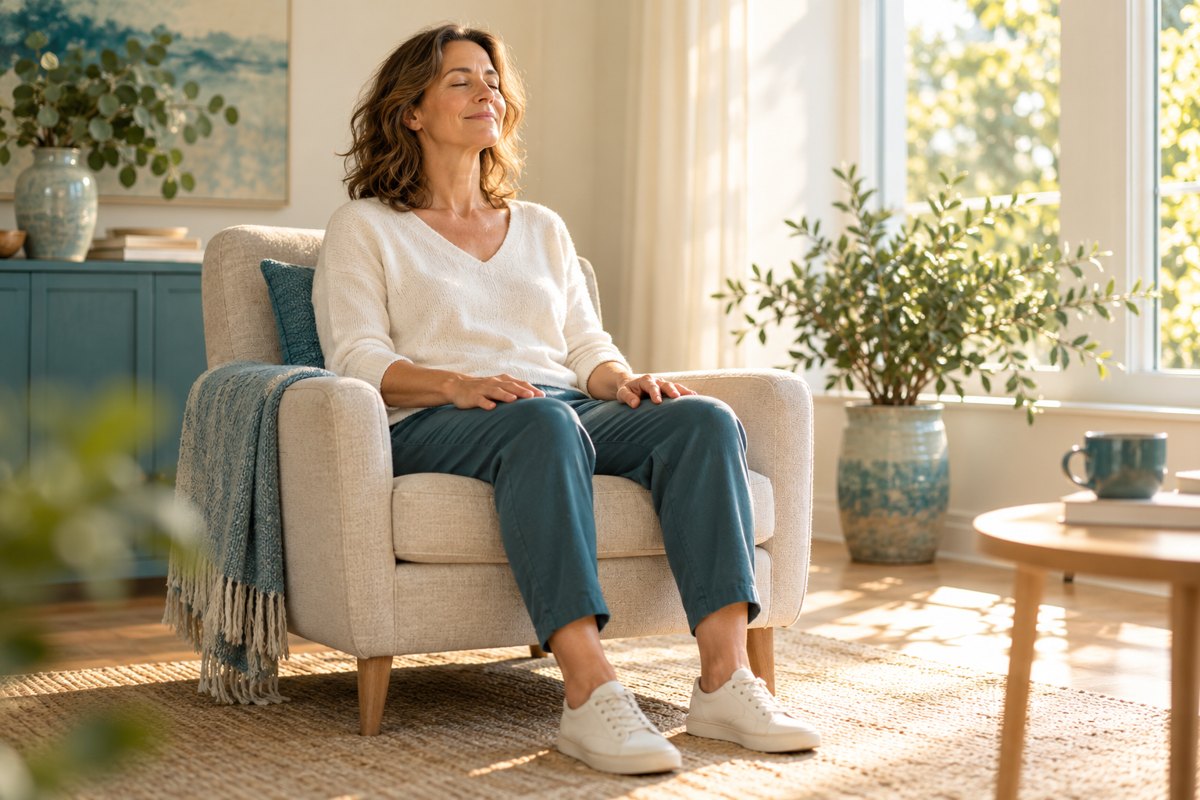 Bequem sitzende Frau bei der Meditation